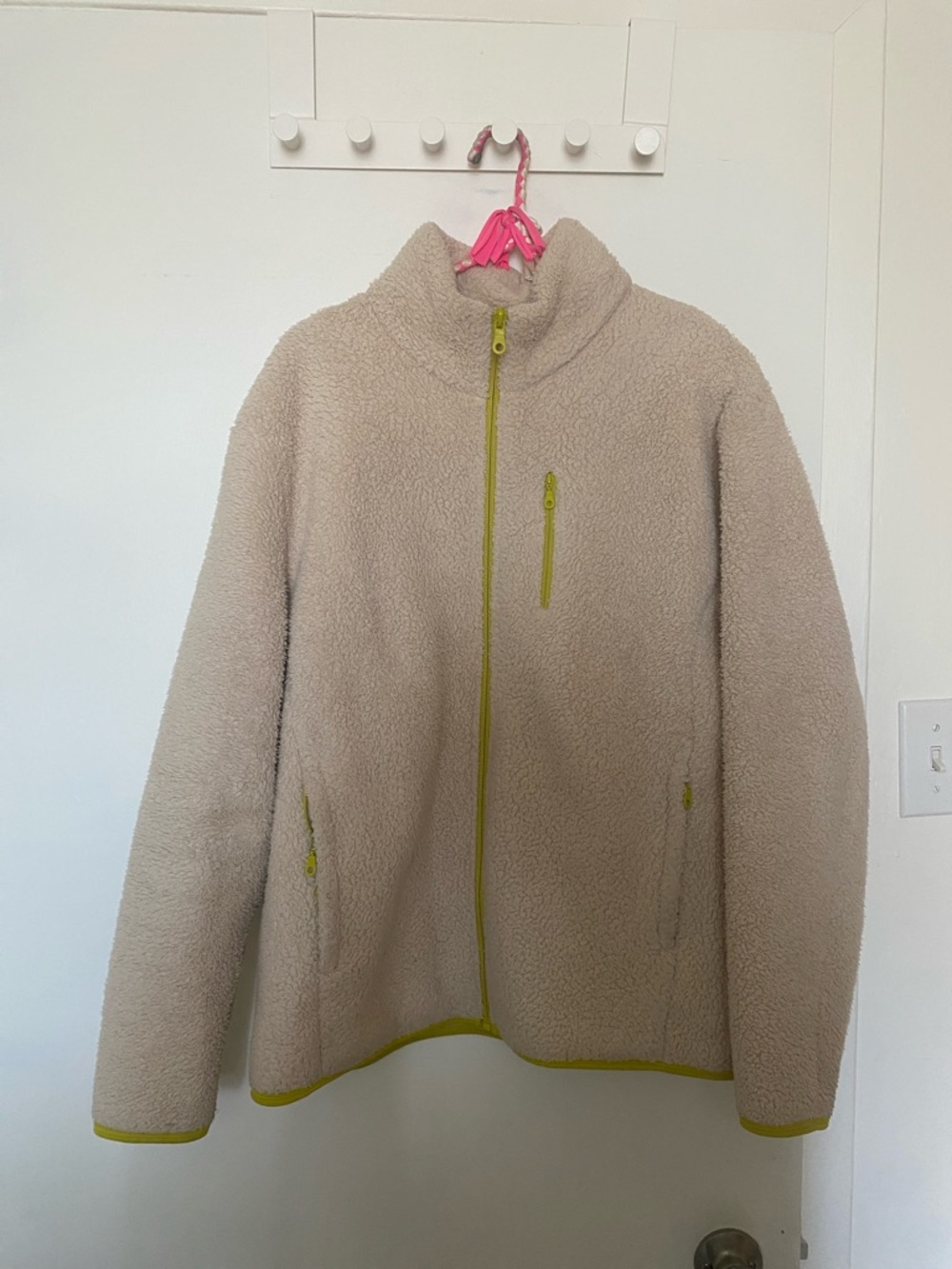 Lime Green Accent Spring Sherpa Fleece Jacket Cozy Sustainable Outdoor Gorpcore